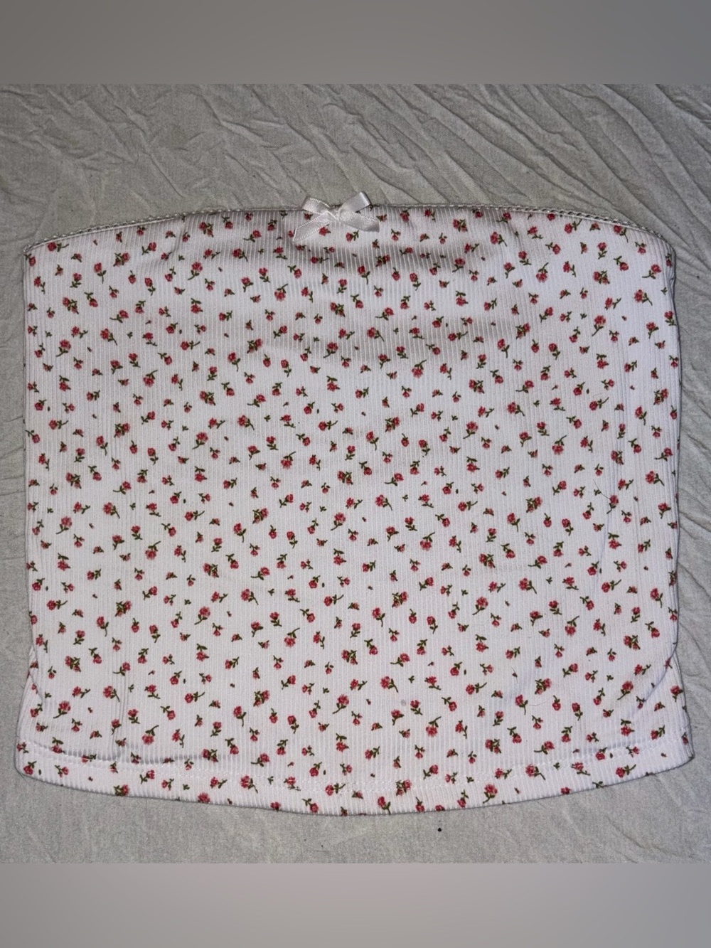 White Floral Ribbed Tube Top with bow
